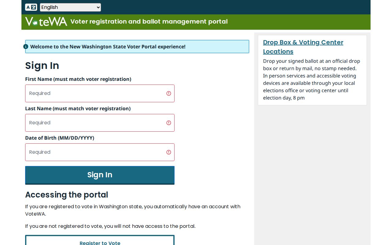Salmon Creek resident lookup through the VoteWA self-service screen