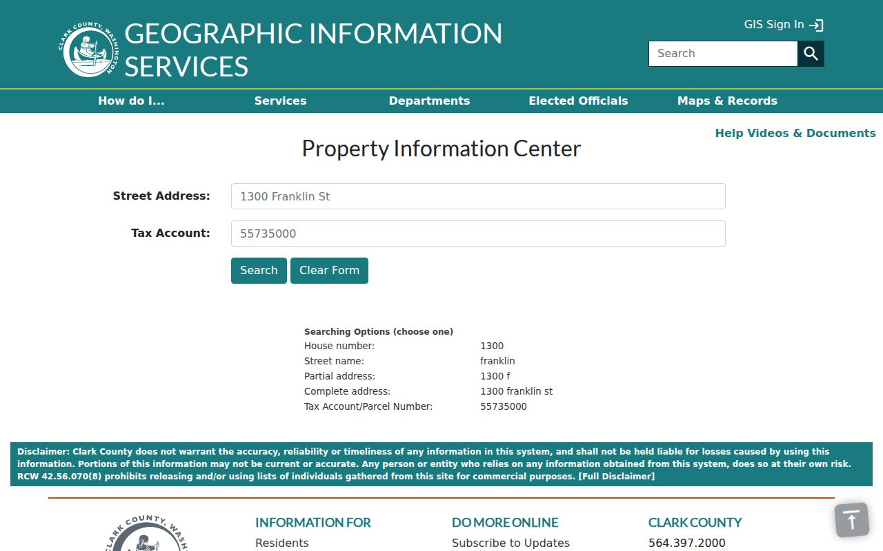 Clark County Property Information Center used for Salmon Creek address searches