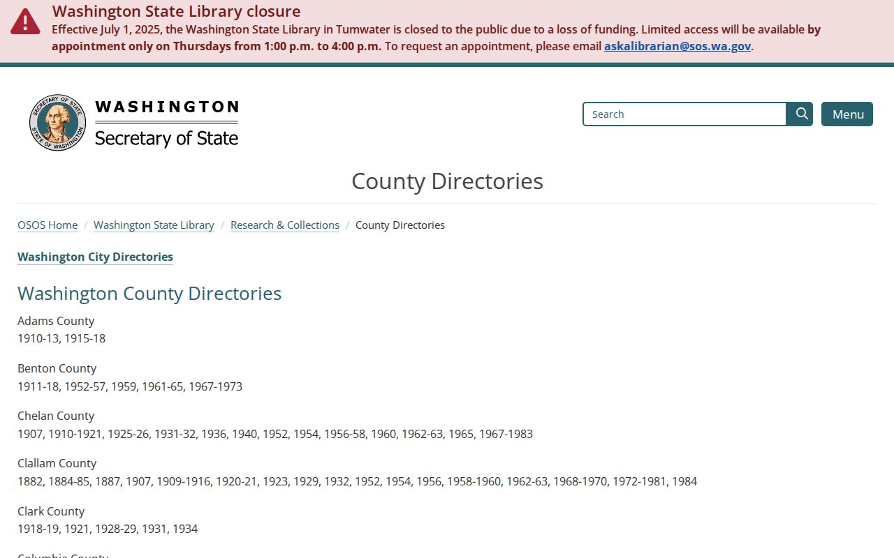 Washington State Library Clark County directory holdings used for Salmon Creek research